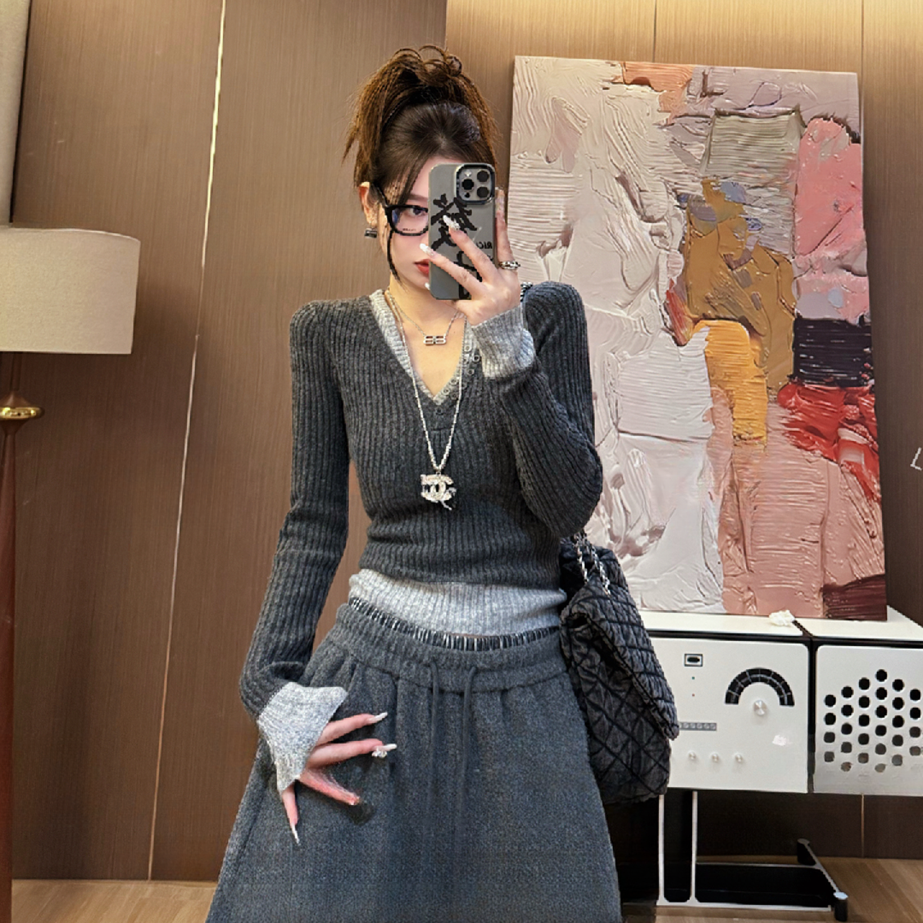 2025秋冬新款百搭气质v领假两件针织衫慵懒风套头修身女上衣H3-29