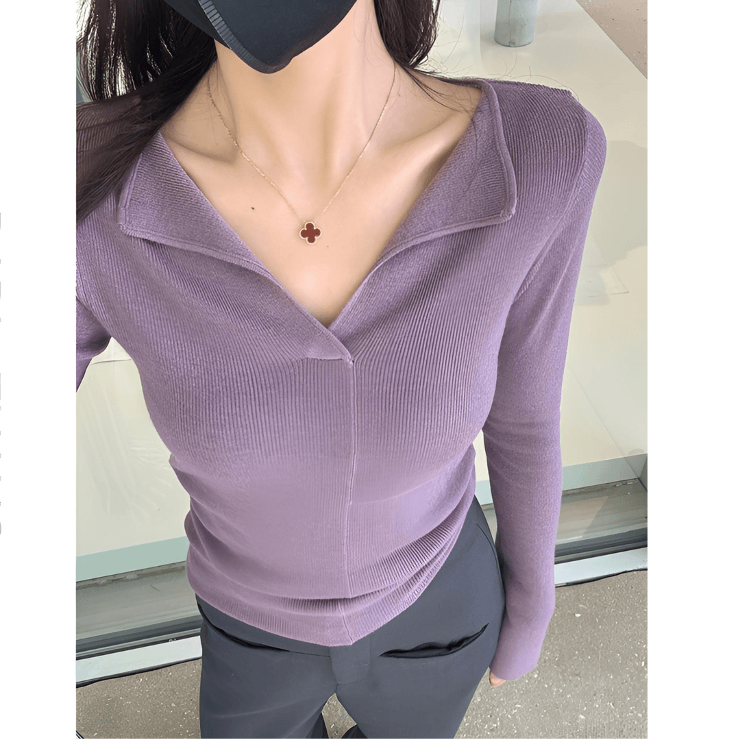 【现货】春季新款V领修身显痩长袖纸片人毛针织打底衫上衣女A6-18