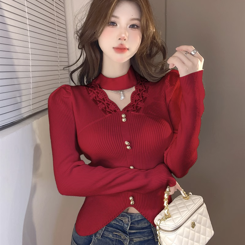 2026秋冬季V领拼接蕾丝边修身甜美单排扣挂脖不规则毛针织衫H4-12