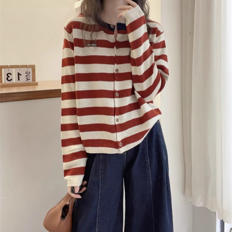 简约纯欲撞色条纹贴标针织开衫2025春秋新款欧货女外套上衣F6-19