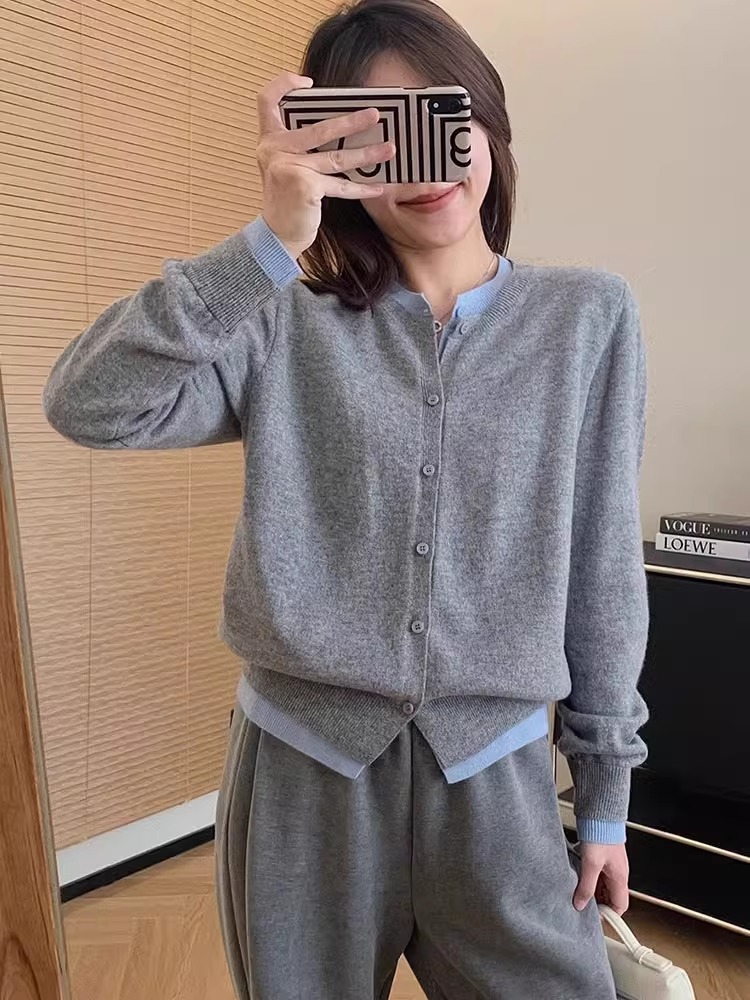 独特别致撞色假两件针织开衫简约通勤百搭显瘦宽松长袖毛衣G4-26