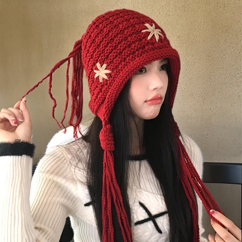 日系文艺手工花朵流苏针织帽子女冬季保暖时尚流苏辫子护耳包头帽