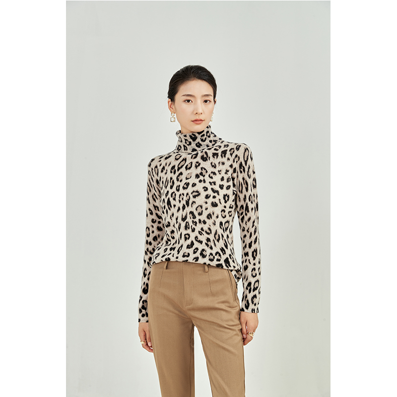 JASON&HEI纯山羊绒豹纹两翻领复古针织气质修身时尚打底女士WX01