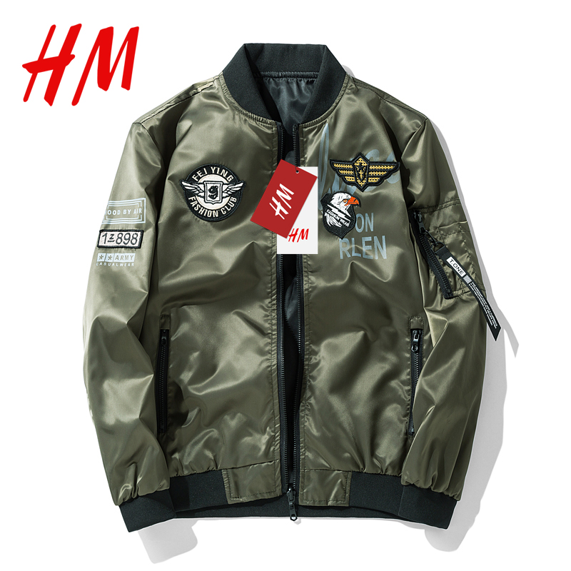 HM旗舰店官网 双面穿两面穿飞行服夹克老鹰标大码男士秋冬棒球服