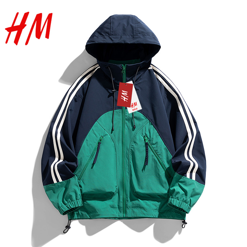 HM旗舰店官网春秋夹克情侣潮流宽松防风连帽撞色外套休闲男外套