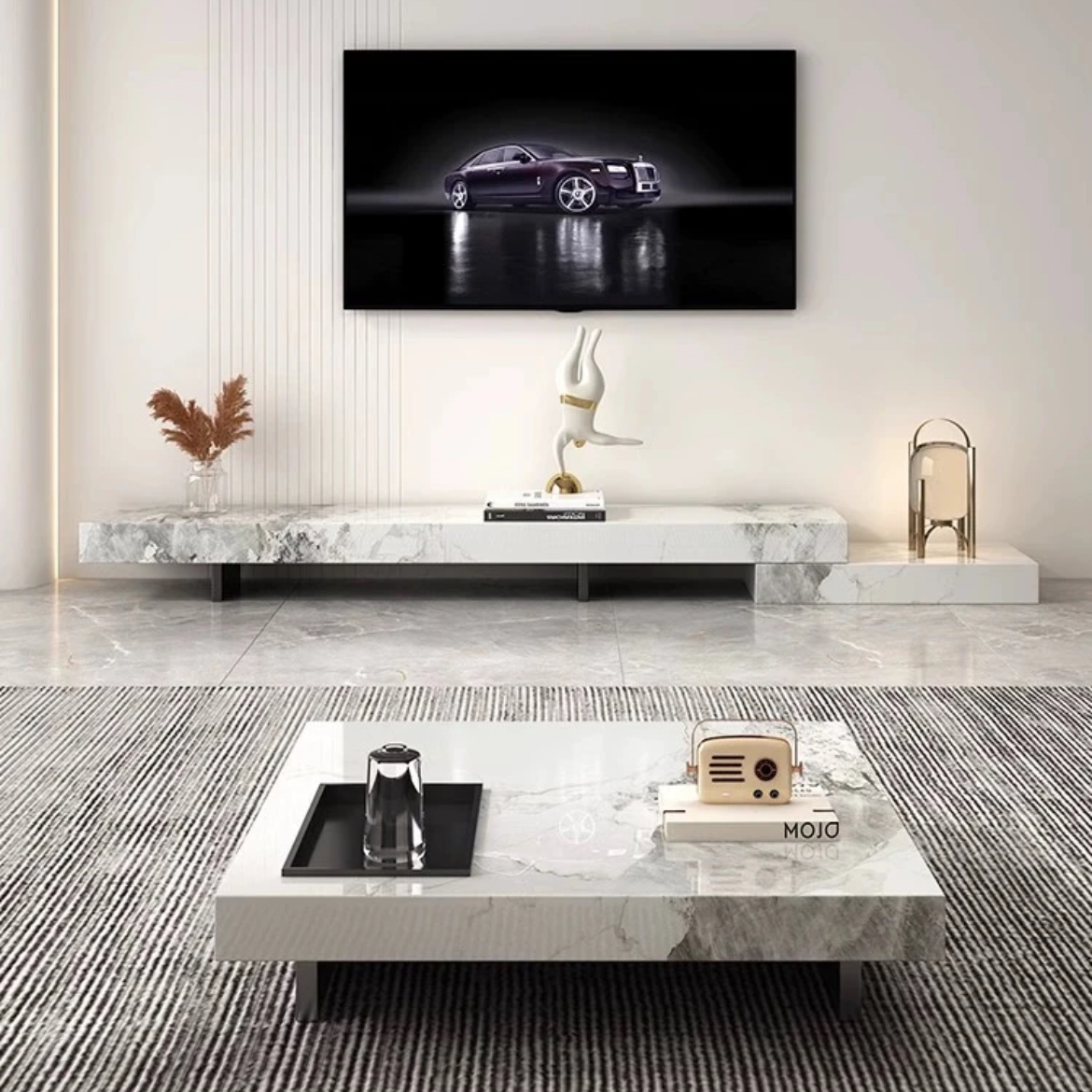 可伸缩现代简约客厅家用白色岩板电视柜客厅茶几组合方形储物