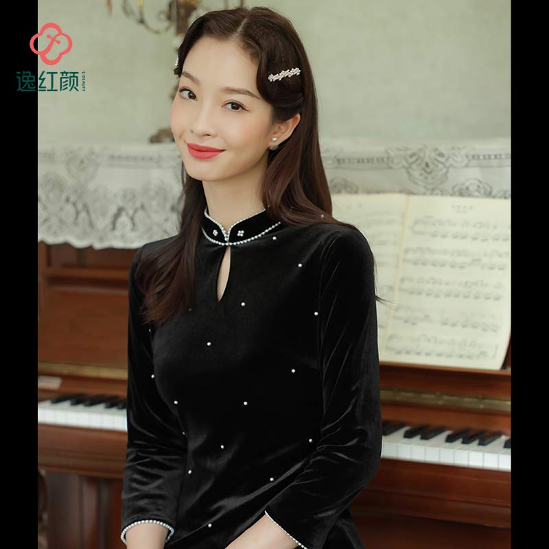 逸红颜 隐潇湘 新款秋季钉珠丝绒复古改良旗袍女亲肤修身显瘦