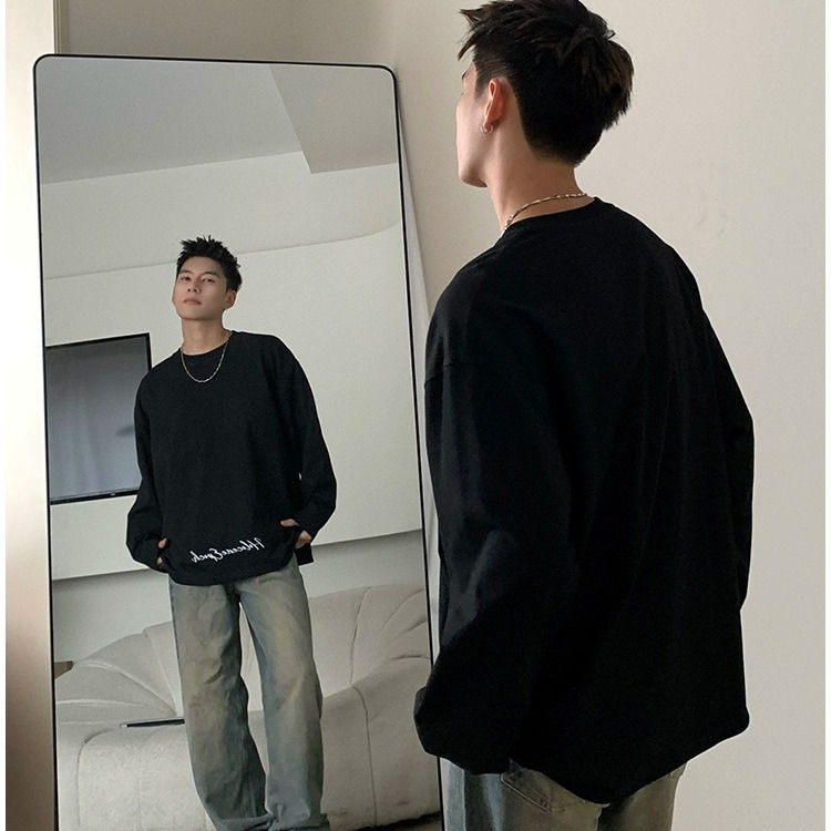 内搭爆款美式潮牌长袖T恤男宽松百搭休闲圆领小众情侣设计打底衫