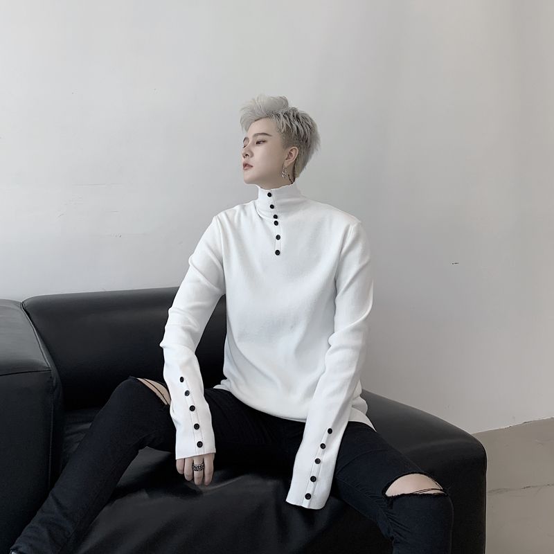 秋冬款个性纽扣装饰韩版修身男士高领打底针织衫潮男青年色毛衣