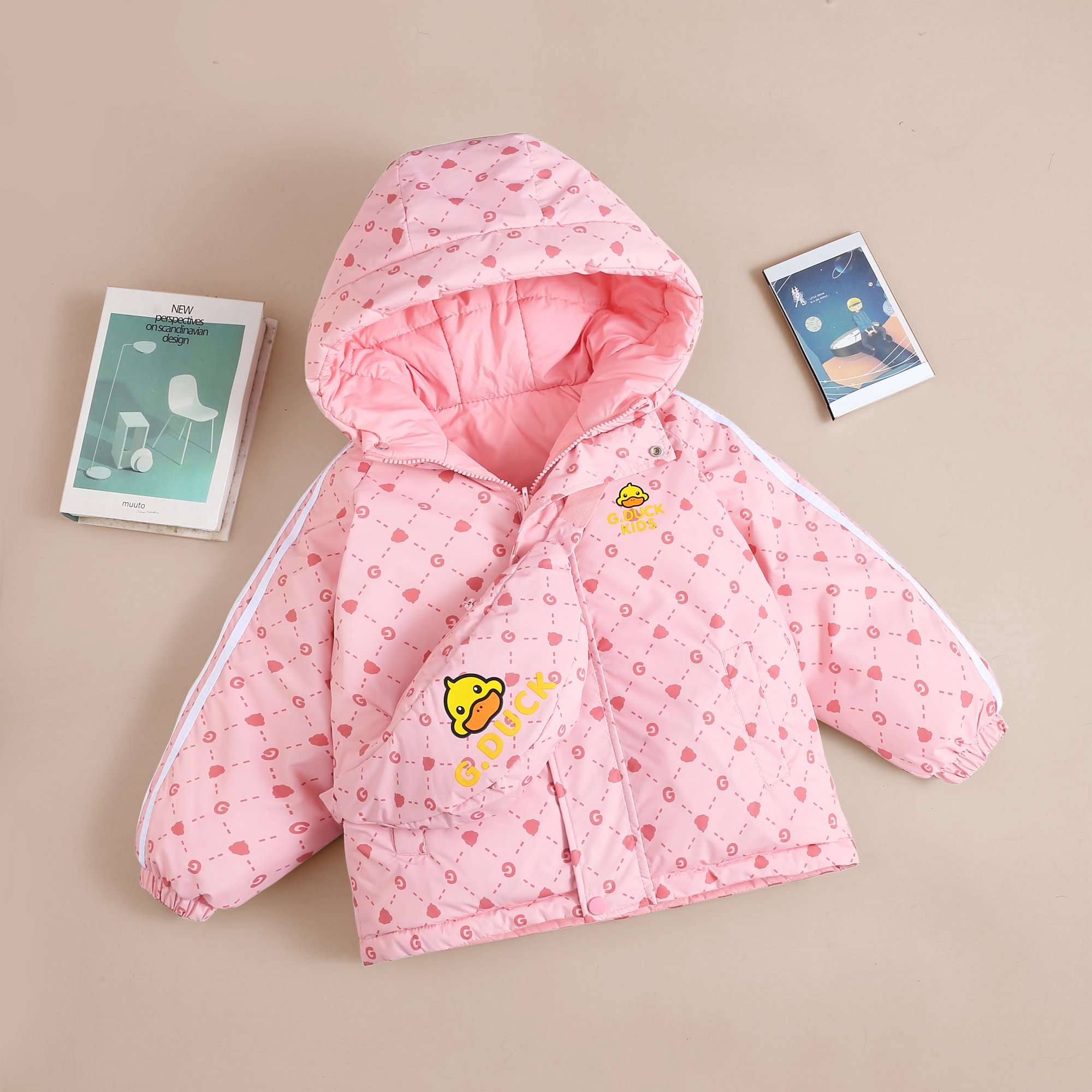 双面穿小黄鸭儿童羽绒服秋冬中小童保暖白鸭绒卡通连帽加厚外套