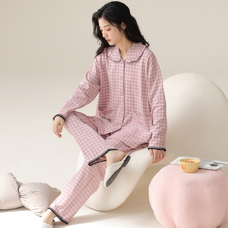 秋冬睡衣女秋冬季士加厚浅粉千鸟格长袖开衫睡衣女套可外穿家居服