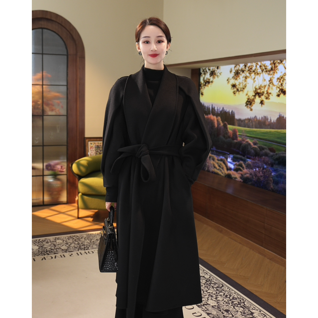 现货2025春季新款【1629】含羊毛气质轻奢高级感时尚黑色毛呢大衣女