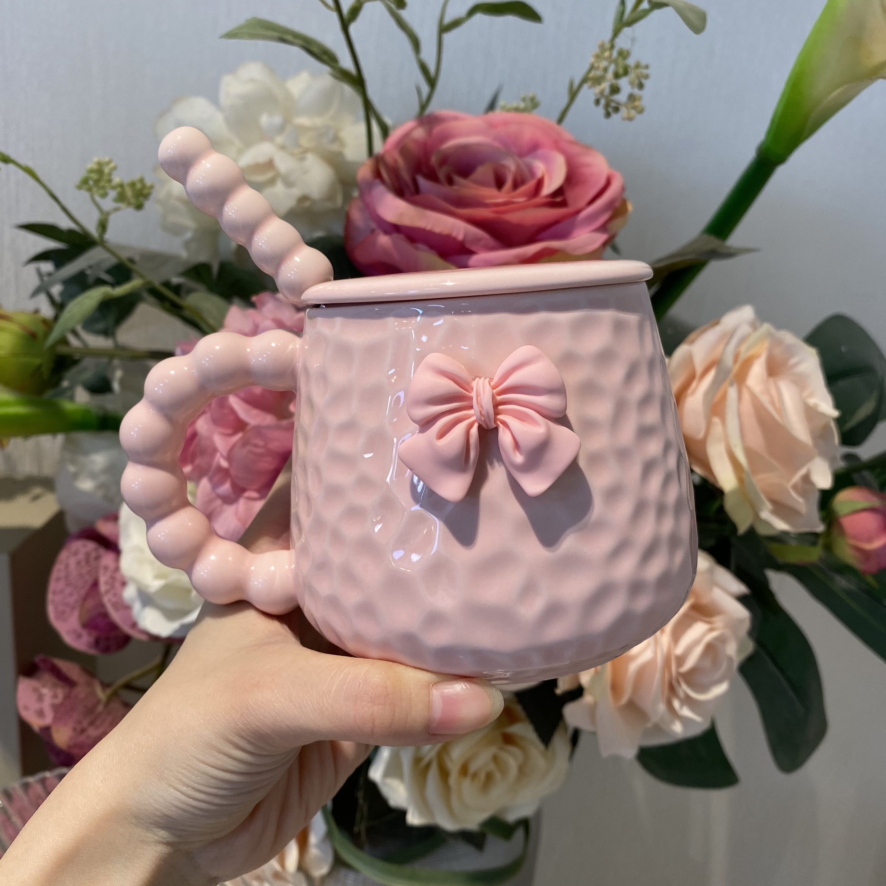 网红陶瓷粉色马克杯可爱家用锤纹少女心水杯咖啡杯牛奶燕麦早餐杯