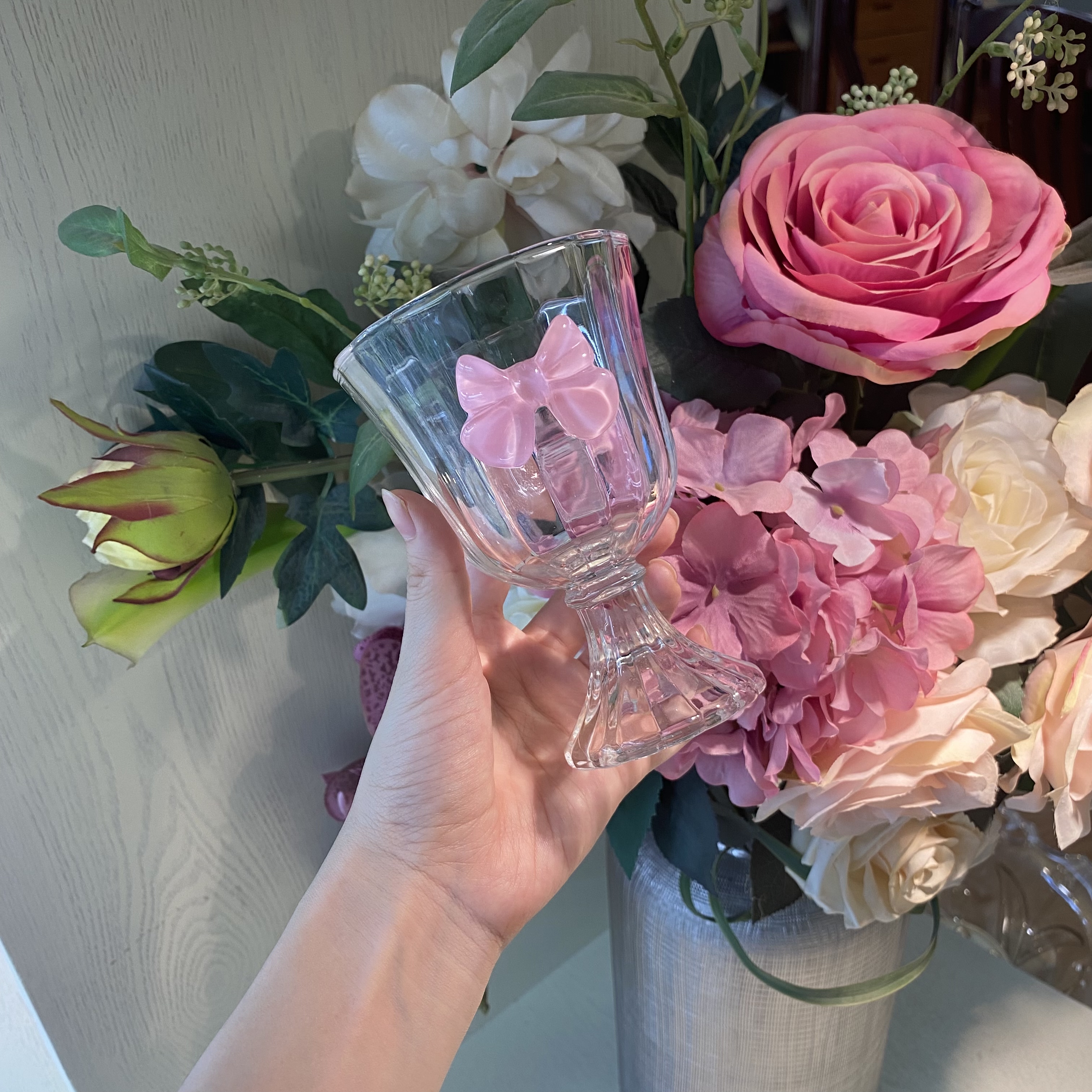 网红透明玻璃高脚杯仙女家用蝴蝶结果汁杯下午茶甜品轻奢鸡尾酒杯