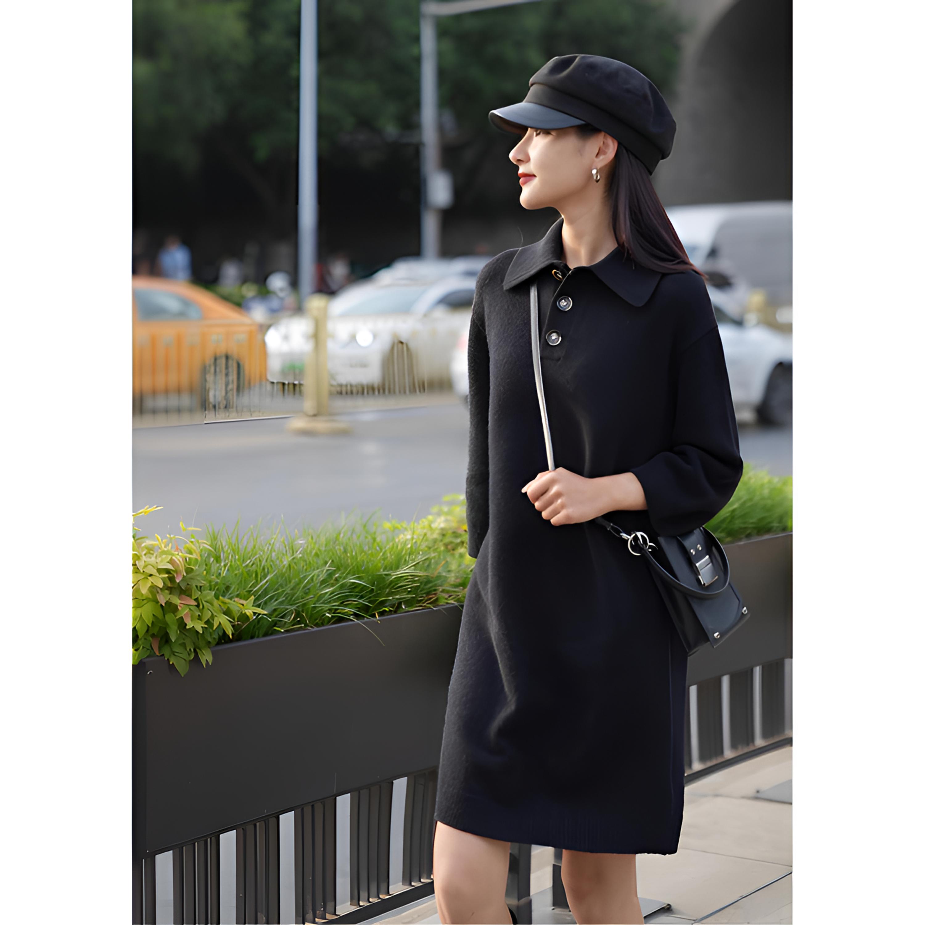 GIRDEAR/哥弟新款秋季气质宽松慵懒翻领纽扣中长袖连衣裙 1599030