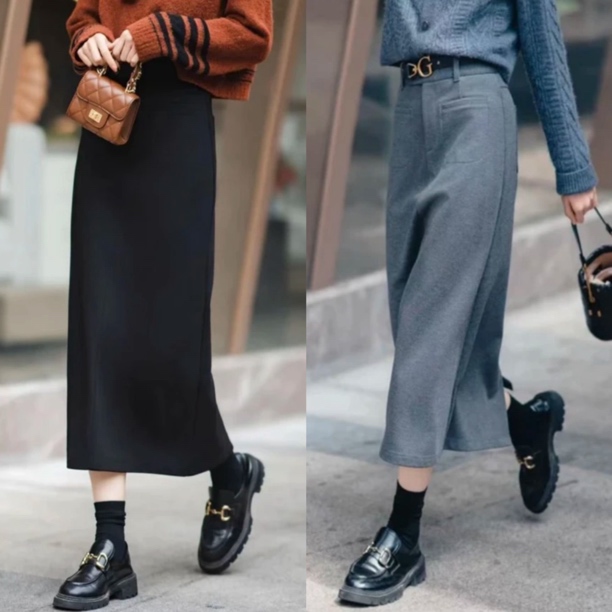 GIRDEAR/哥弟秋冬加绒直筒高腰显瘦百搭休闲质感半裙1200369