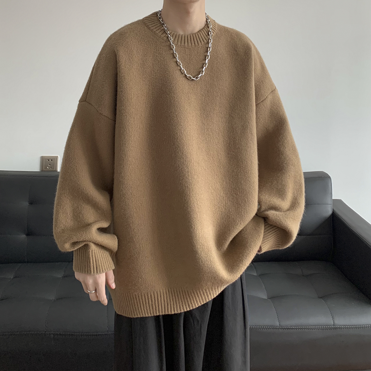 美式复古oversize针织衫毛衣男春秋高级感潮牌慵懒风情侣圆领外套