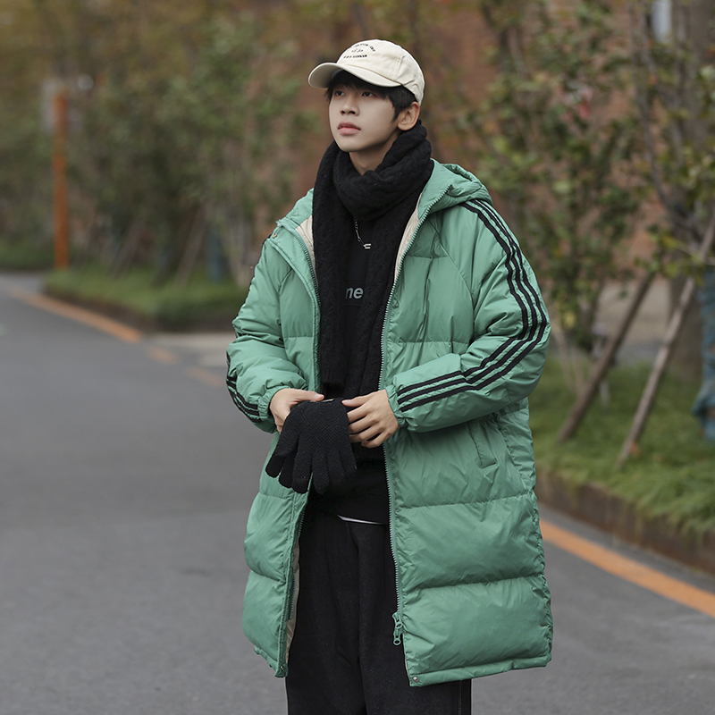 三条杠中长款连帽羽绒服男款冬季美式潮牌白鸭绒羽绒衣面包服外套