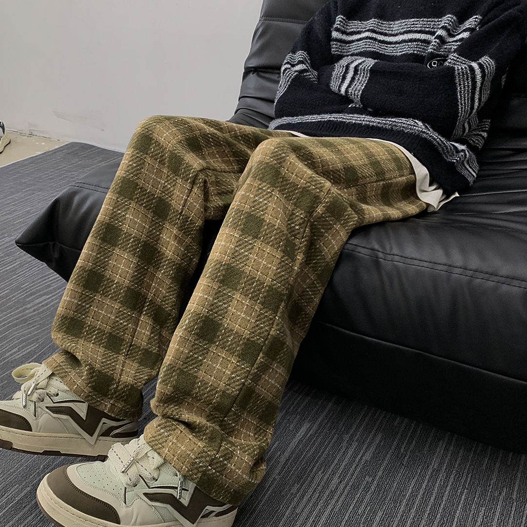 美式复古格子重磅毛呢卫裤男款秋冬潮牌vintage呢料直筒休闲裤子