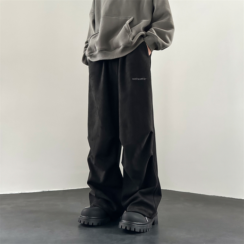 仿麂皮绒运动裤男秋美式复古阔腿休闲裤cityboy潮牌降落伞兵裤子