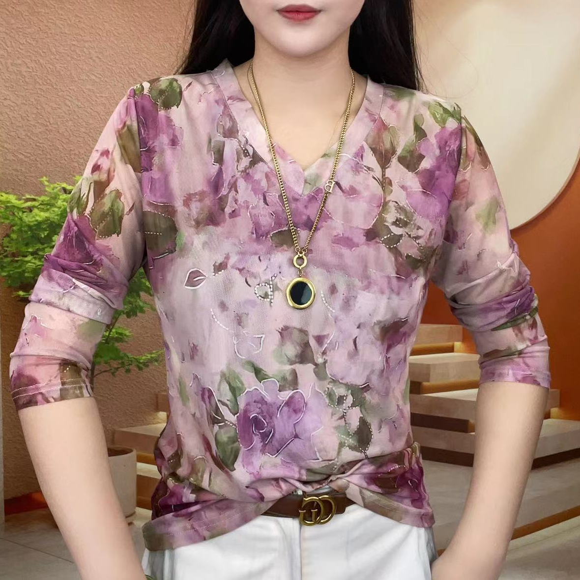 新款女装春夏款时尚百搭显瘦气质网纱长袖T恤印花上衣9962