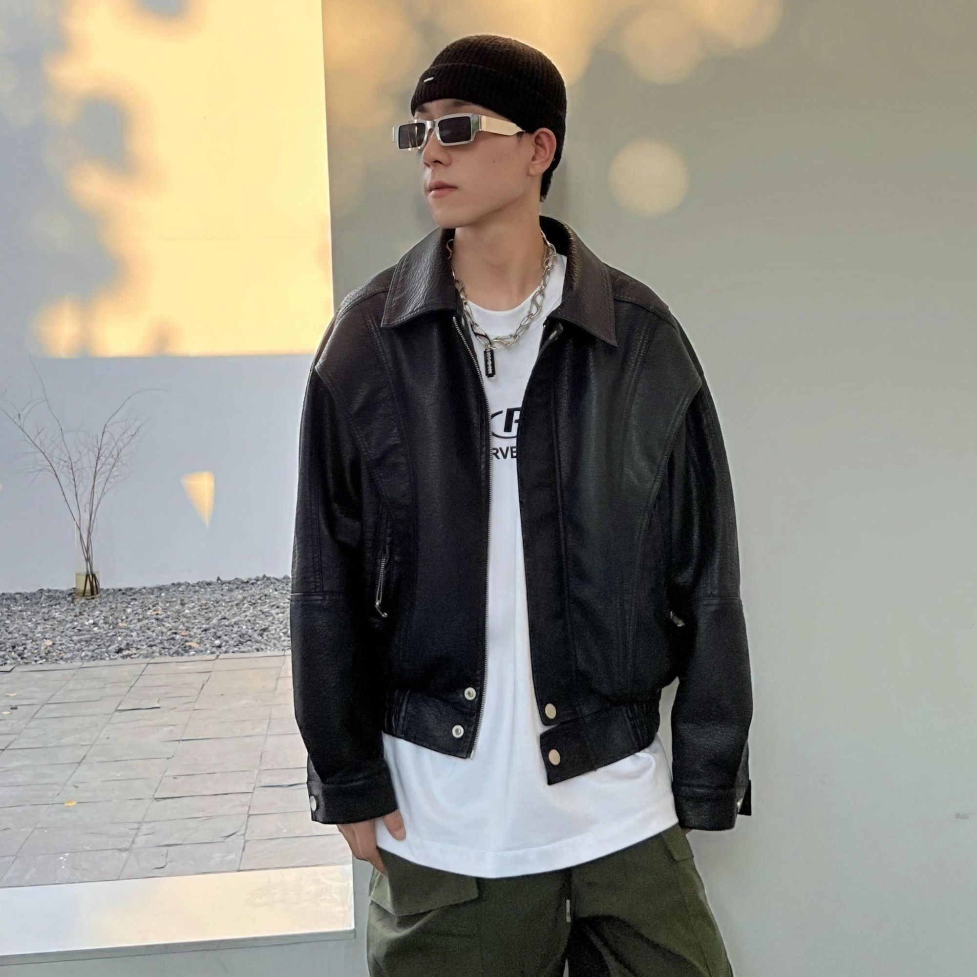 LAZYSILHOUETTE/懒散廓形机车风男女同款韩版痞帅港风ins皮衣