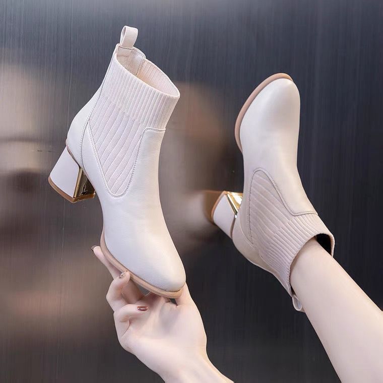 品牌时尚高跟马丁靴女2023百搭加绒圆头米色粗跟瘦瘦短靴女马丁靴