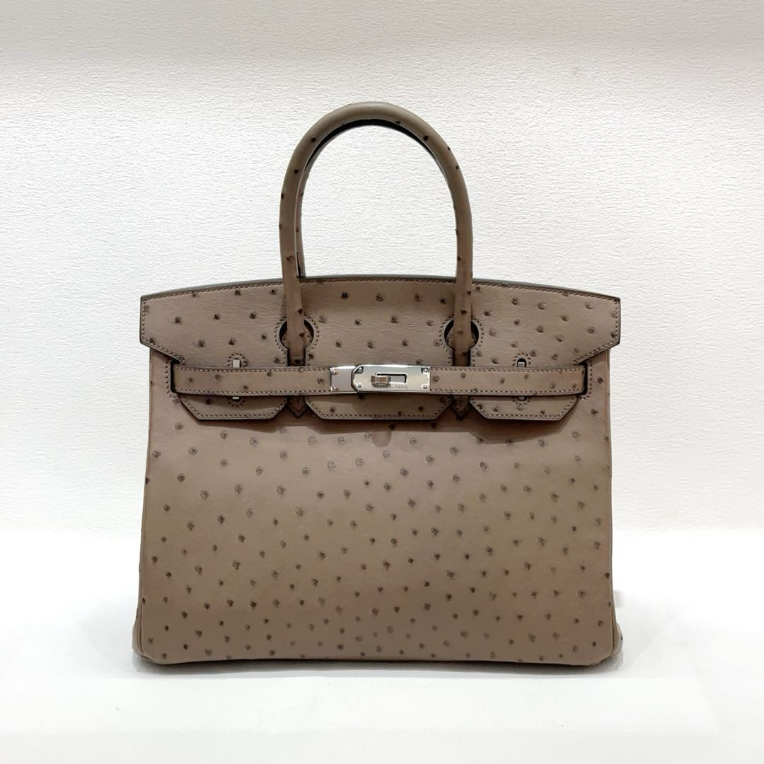 99新 Hermes/爱马仕 birkin30 慕斯灰 鸵鸟 框O