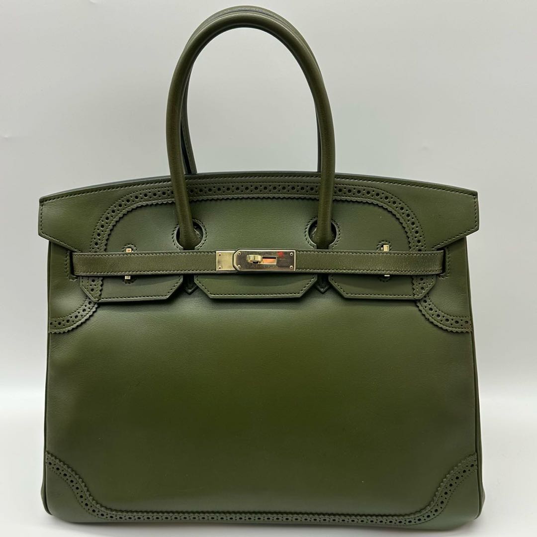 全新未使用 Hermes/爱马仕  birkin35 橄榄绿蕾丝拼接浅金扣框P刻