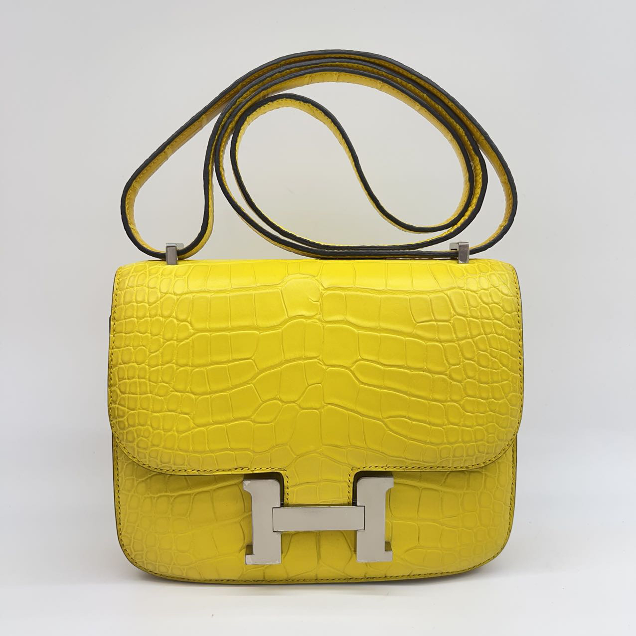 99新 Hermes/爱马仕 康康19 金盏花 雾面方块鳄鱼 银扣 U刻