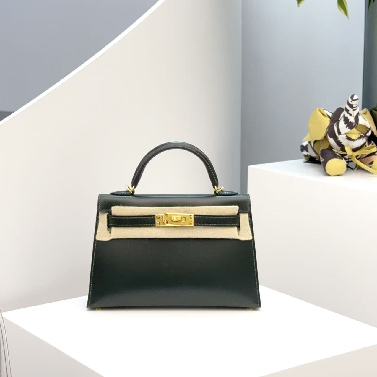 99新 Hermes/爱马仕 minikelly二代 祖母绿 box皮 金扣 U刻