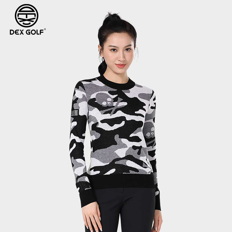 DEXGOLF高尔夫女士针织衫秋冬8100迷彩圆领套头毛衫舒适男女同款