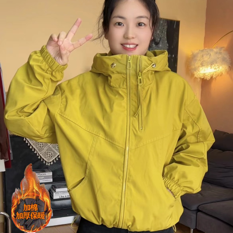 双拉链冲锋衣外套女春秋新款连帽时尚设计感宽松百搭夹克保暖棉衣
