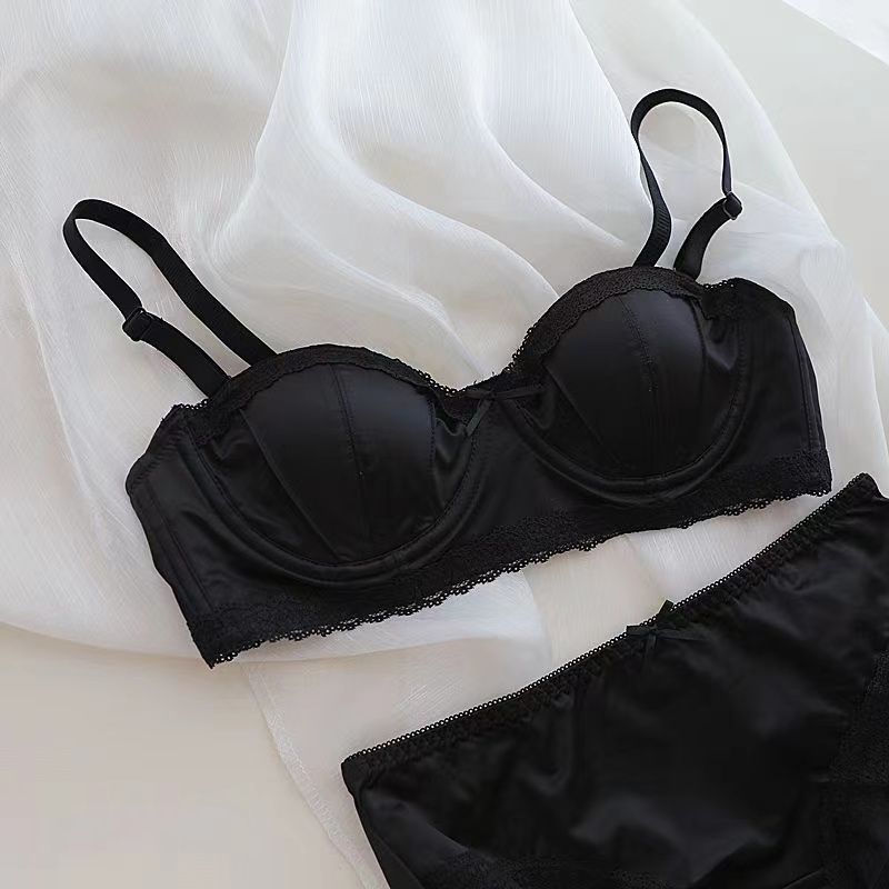 法式轻奢光面无痕绸缎面半杯内衣无肩带聚拢上托防下垂文胸罩套装