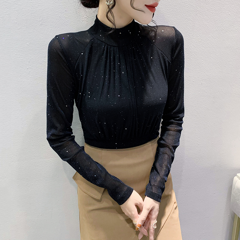 欧洲站2024年加绒半高领亮片T恤女长袖打底洋气修身网纱内搭上衣