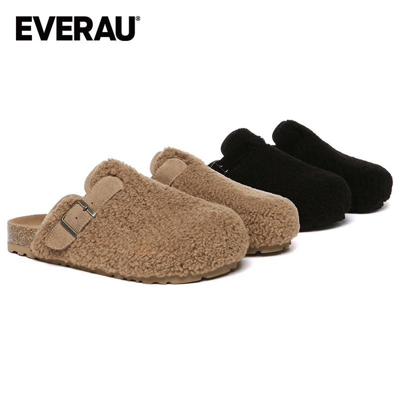 EVERAU秋冬季女士泰迪熊半拖毛毛鞋包头平底休闲鞋家居鞋EA2057