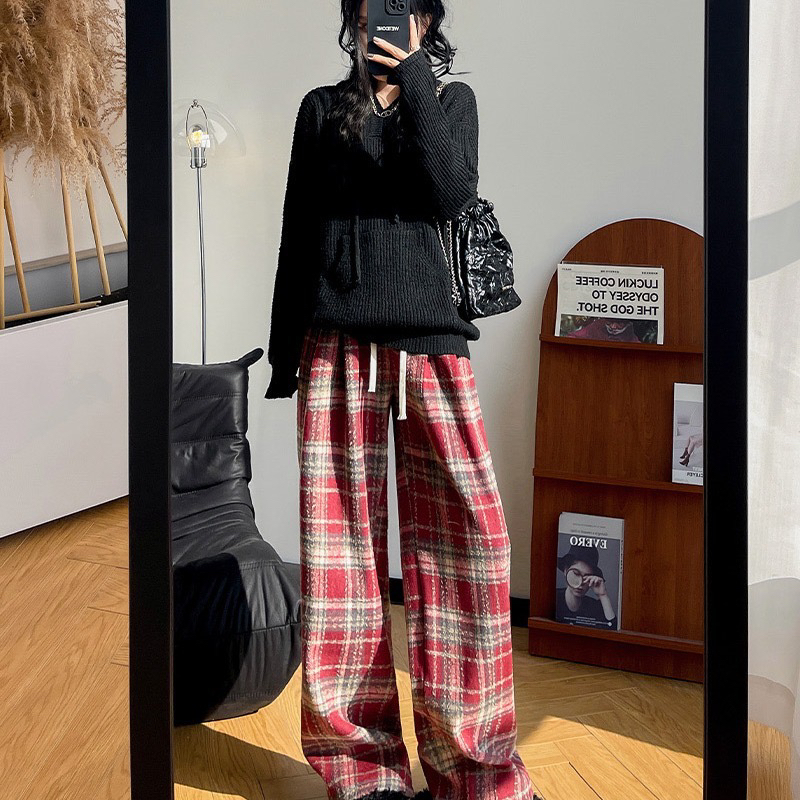 毛呢格子裤女加绒高腰垂感直筒休闲阔腿裤冬季显瘦