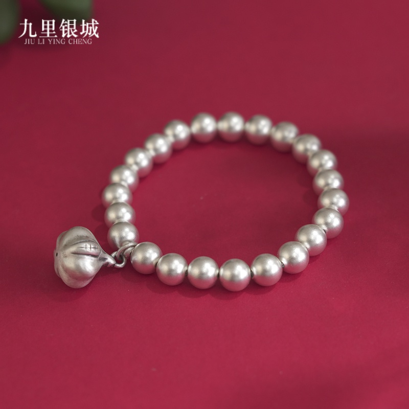 足银手链 纯银古法传承哑光磨砂银珠手链大蒜头银珠925手串女