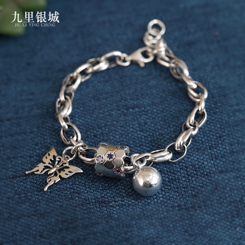 925银手链 纯银蝴蝶玄学时尚链条手链素款做旧复古百搭小球银手串