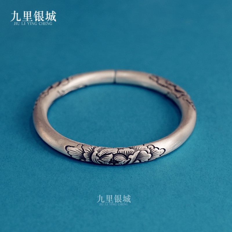 足银手镯 999纯银实心牡丹花重工手镯云南雪花银手工银古典镯子