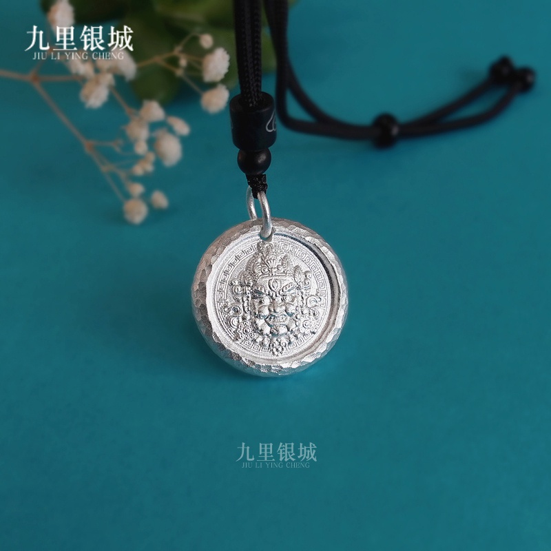 吊坠足银 999纯银黄财神手工錾刻锤纹重工男士吊坠新中式精工项链