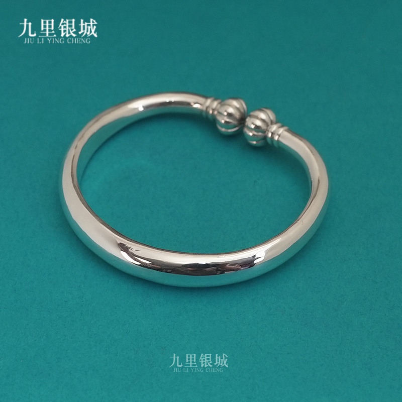 足银手镯 999纯银重工南瓜头实心手镯雪花银饱满手工银镯子礼物