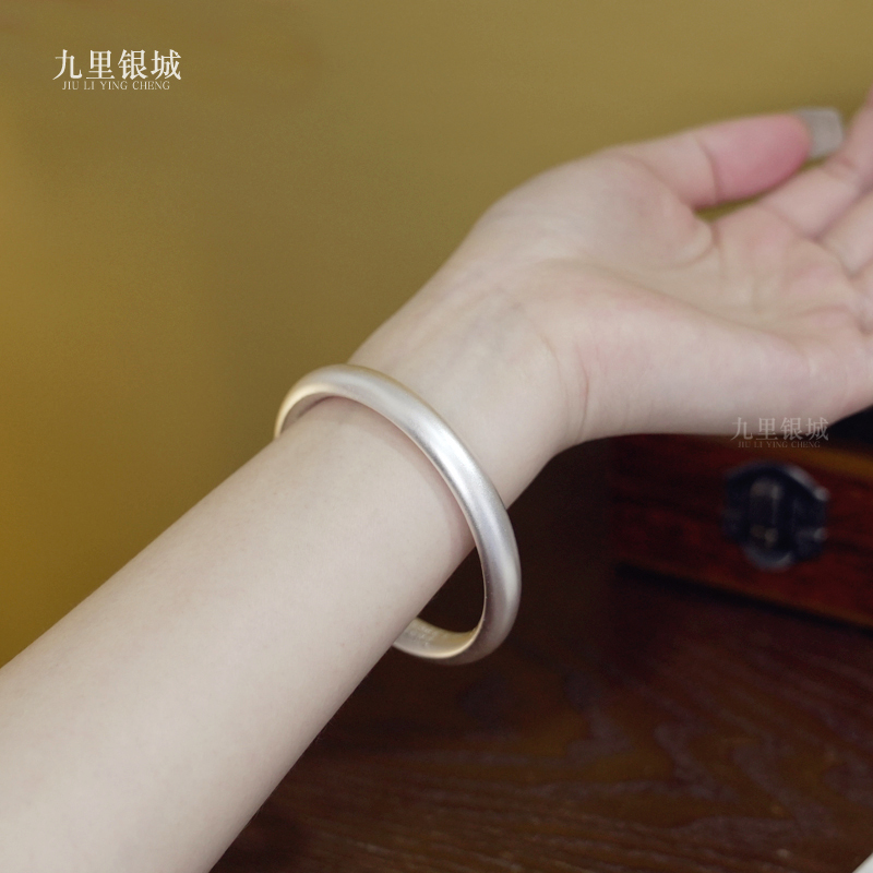 足银手镯 9999纯银古法银心经手镯传承磨砂复古文艺手环镯子气质
