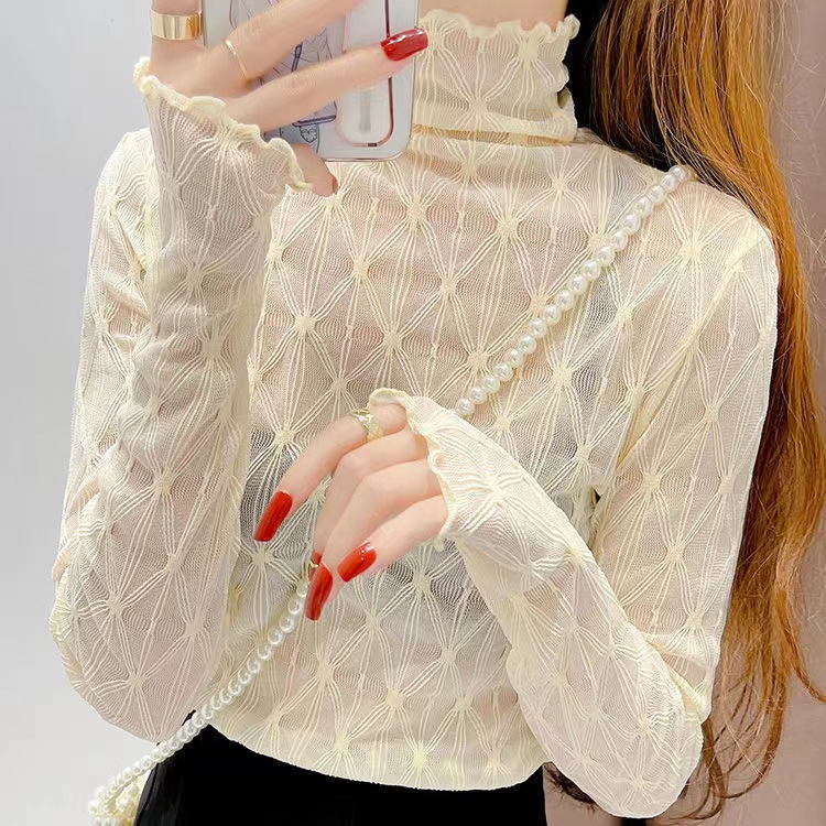 新款半高领菱形百搭秋冬网纱打底衫时尚中长款