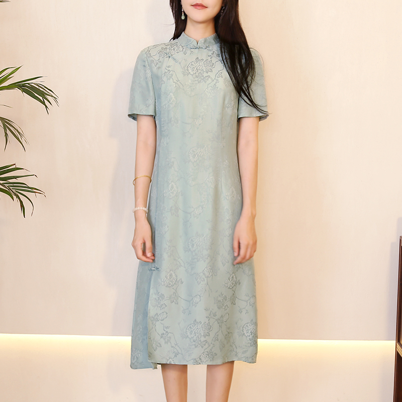 【忆柳】桑蚕丝夏季时尚新国风女装复古立领连衣裙YF23111-1