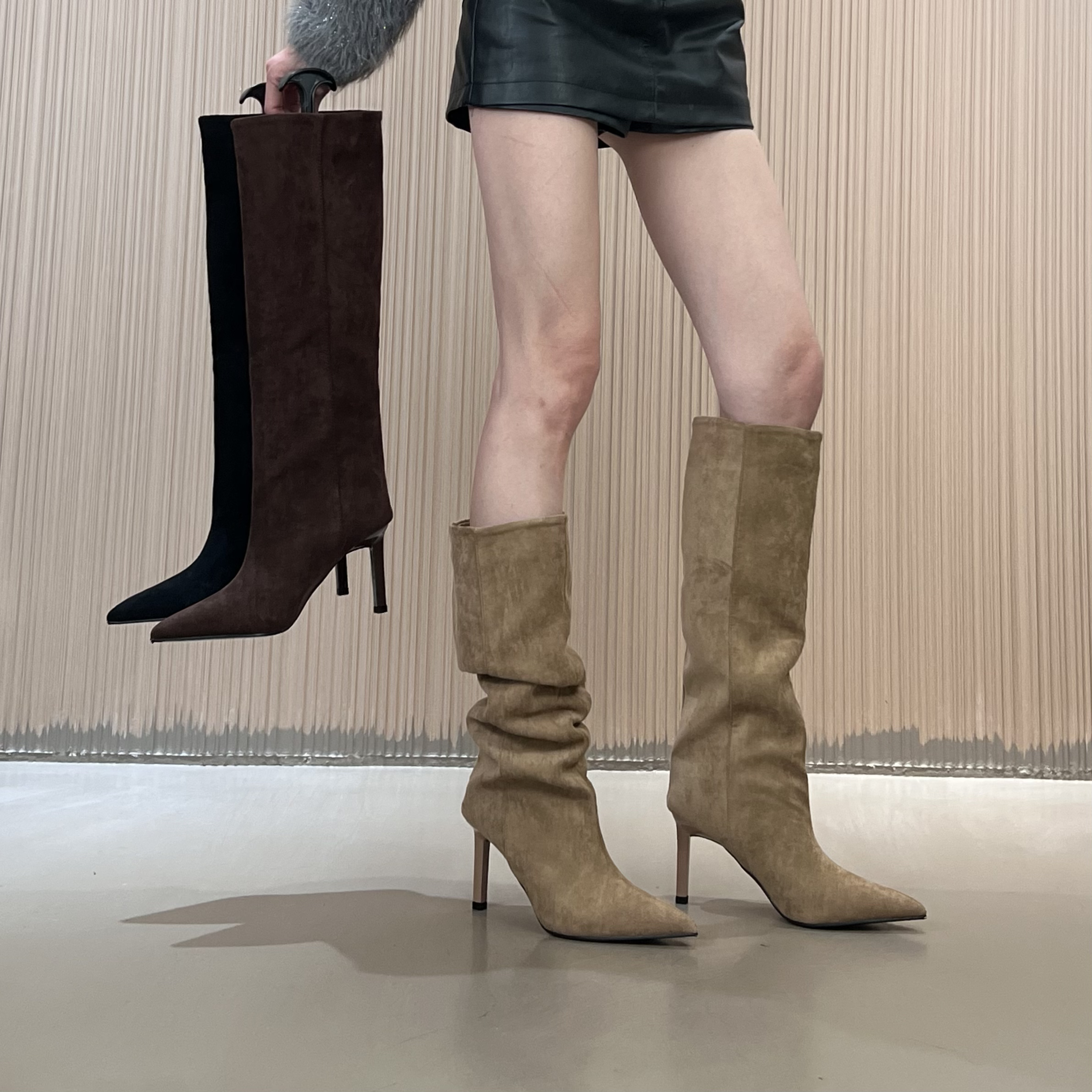 8厘米一靴两穿欧美酷飒辣妹直筒靴绒面堆堆靴不过膝长筒靴女