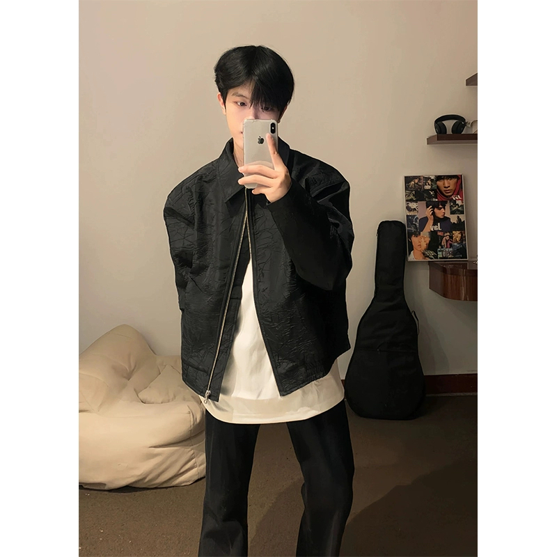 短款外套男潮高级感痞帅小众设计感正肩美式褶皱夹克秋季