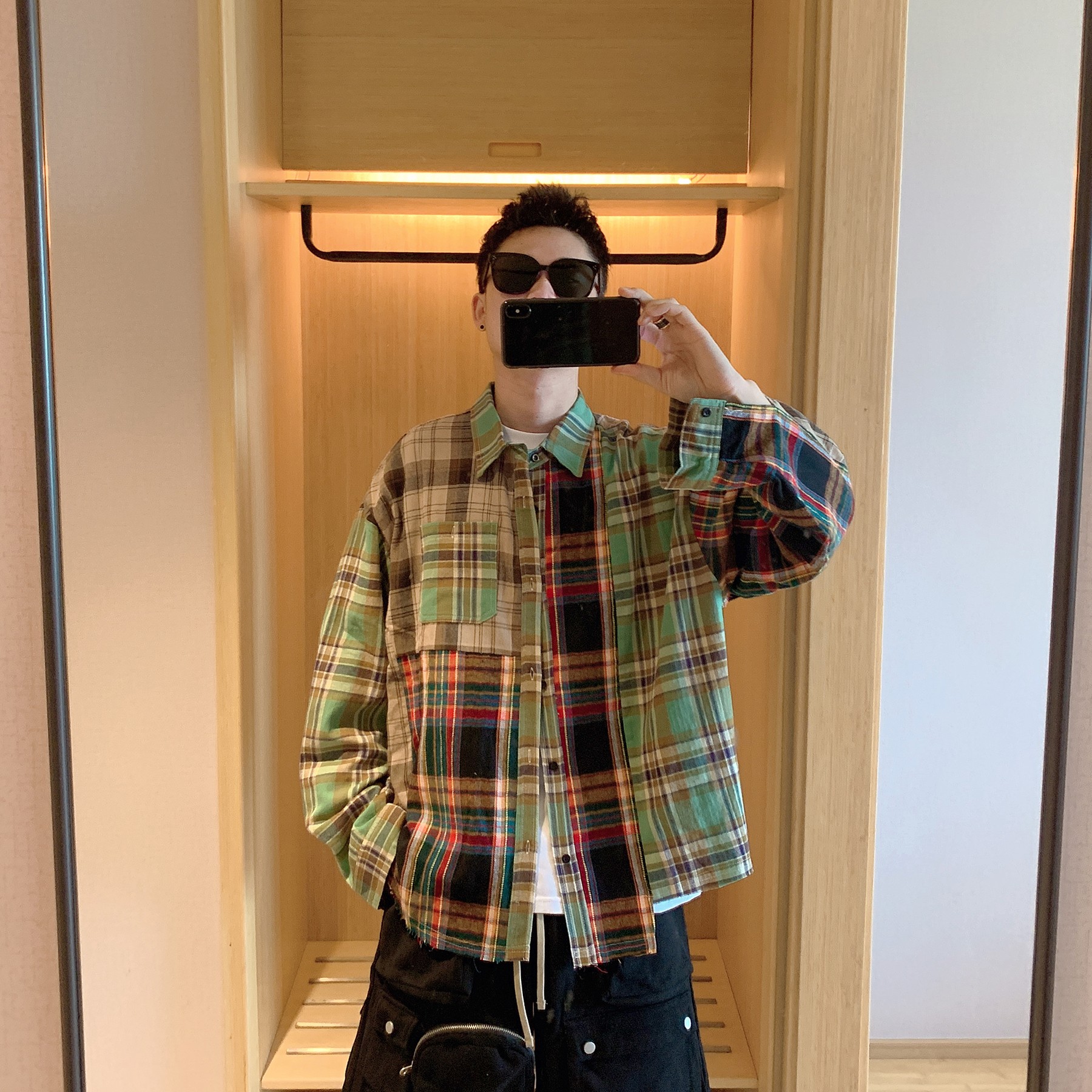 2023早秋新款美式复古撞色格子纹拼接衬衫男女外套衬衣ins潮牌