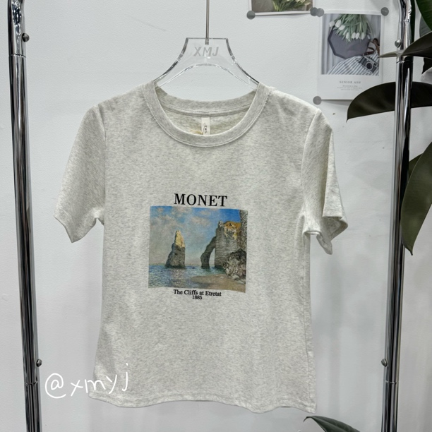 夏季新款圆领短袖修身风景图案休闲百搭体恤