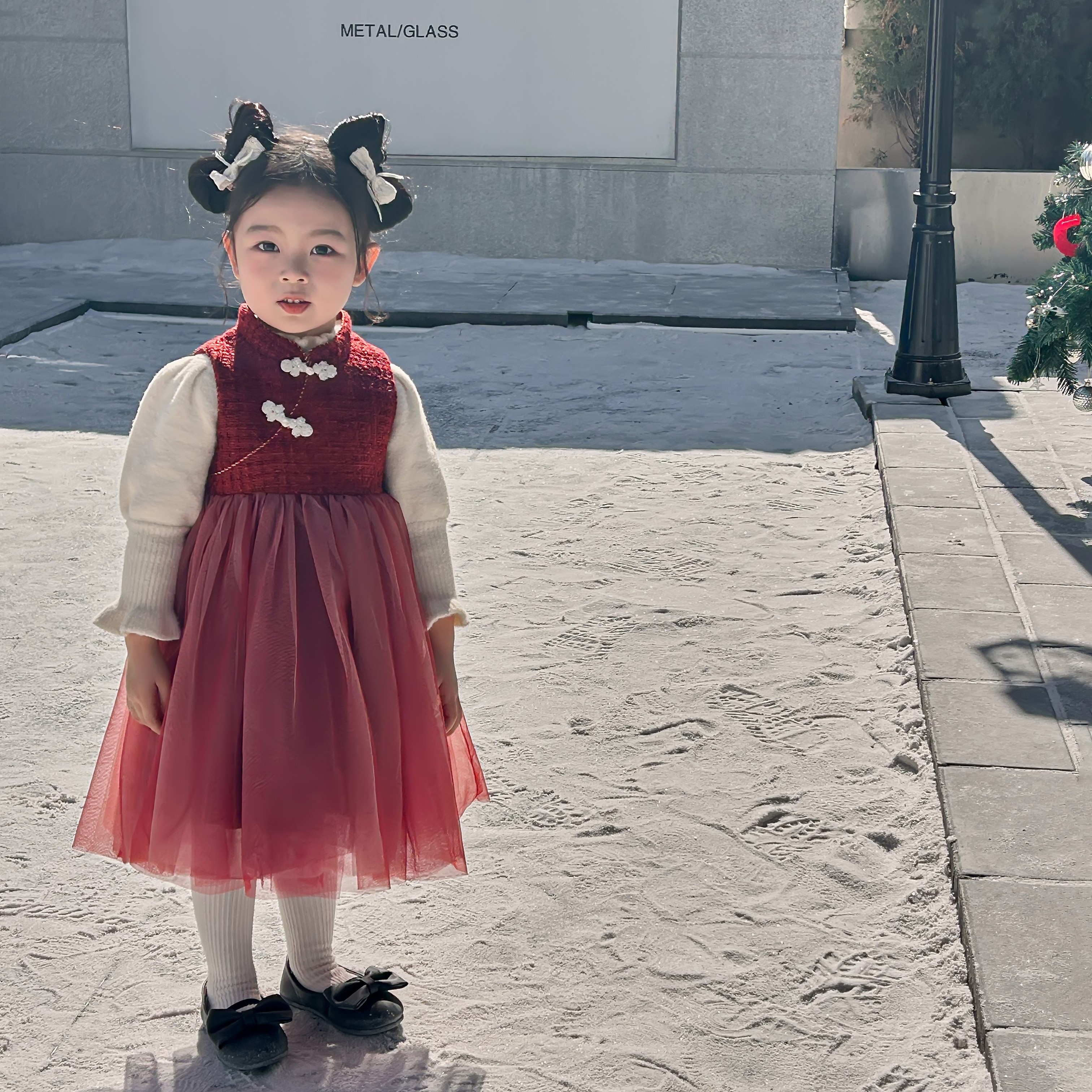 童装中国风女童红色新年套装冬季新款洋气拼接外套网纱连衣裙